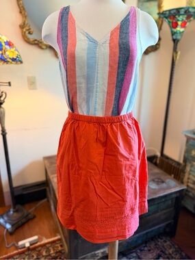 Cotton Striped V-Neck Tank with Coral Red Skirt with Embroidered Eyelet